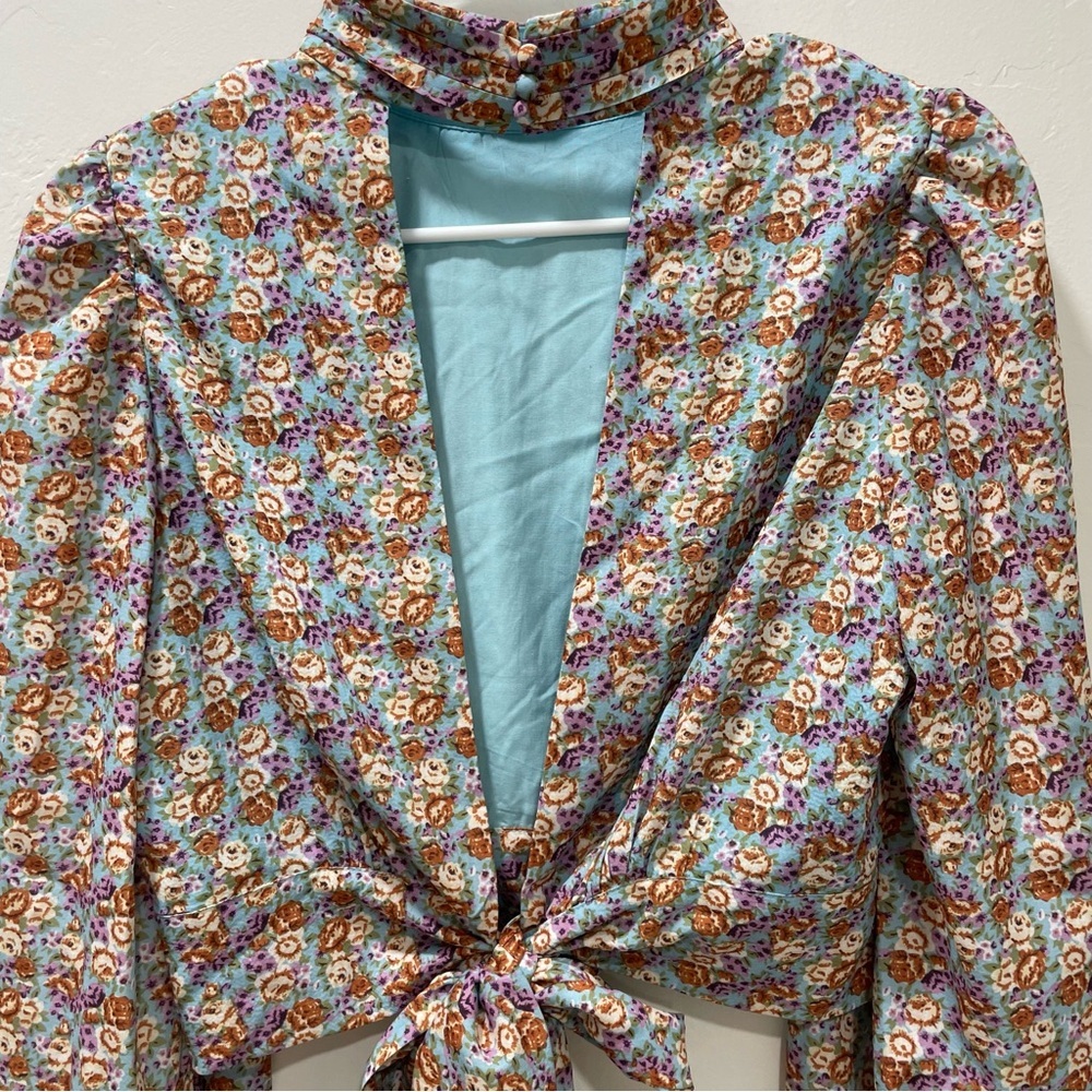 NWT Bohme Women's Small Brissa Floral High Neck Open Back Tie Blouse - Picture 10 of 16